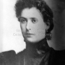 Photograph of studio portrait taken of Jeanie Richardson, wife of John William (Willie) Richardson, who was the son of Jabez Richardson an early pioneer of the area. This photograph has a detailed inscription on the back handwritten by John Lundy-Clarke.: Jeanie Richardson nee Green. Born 1871. Died 1916. Mother of Reuben, William, Jean. Copy of photo held by Reuben Richardson of Roma.