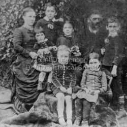 Francis Matthew Child was 15 when he came to the Valley with his father, Matthew Child in 1855. He married Martha Jeeves (born 1857) in 1875. They had 6 children. Harry, May, Edward, Alice, Bert, Eva.: Posed photograph of Francis Matthew Child, his wife Martha (nee Jeeves) and six children, all well dressed with background of bushes. Handwritten inscription on back by John Lundy-Clarke.: F.M. Child and Family about 1886. Back Row Martha (nee Jeeves), Harry, May, Francis Mathew, Edward (Ted). Front Row Alice (Petty), (Bert), Eva.