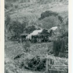 Detailed inscription on the back of photograph handwritten by John Lundy-Clarke. F M Childs Homestead in Harmony Vale from south east about 1900