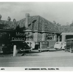 Rose Series Postcard number 4971: Copy of Rose Series postcard #4971 showing the car park c1950. Pre war and early post war cars. Note the Blue Dandenongs Service Car to the right.