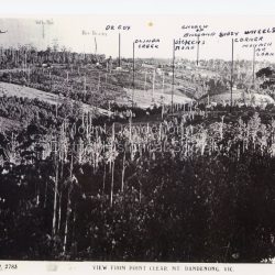 Rose Series Postcard number 2783: Copy of Rose Series postcard #2783 showing view from Point Clear. This is taken from Ridge Road. The following indicators have been marked on the photograph L-R Dulce Domun Hotel, White's, Rev. Davies, Dr. Cox, Olinda Creek, Dickens Road, Church of England, Buggy Wheels Corner, Monash Ave. Corner.