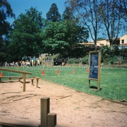 The Exersite equipment allowed for student and public use. The equipment was removed when the oval was refurbished in 2004. View of 'Exersite' equipment at bottom corner of school oval with students participating in Sports day in the background. 1997.