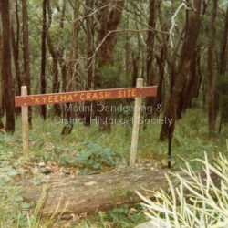 Simple wooden sign indicating the site of the Kyeema aircraft crash on the western slope of Mount Dandenong. The accident occurred on October 25th, 1938. All 18 onboard were killed.