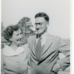 Mr. M.F. Morris and His Wife Informal photograph of Mr & Mrs M.F. Morris taken in 1938. Mr Morris was Headmaster at Mount Dandenong State School.: On back of photograph: Mr & Mrs M.F. Morris 1938. Mount Dandenong
