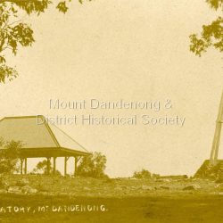 Postcard showing Mount Dandenong Observatory Dandenong Trig Point Observatory on the RHS and a covered shelter on the LHS. Early 1900s.: On front of postcard: Observatory Mount Dandenong