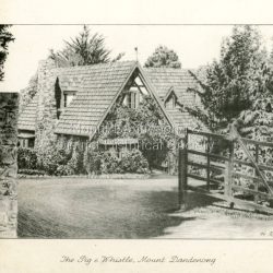 The sketch of the Pig and Whistle by H.R. Ham would be pre1968 as the gate was remodeled with two white half gates at this time and the ivy removed. The building was purchased in 1968 by the Benash family and renovated inside and out with a white, Tudor style outer facade. It was renamed Tatra Hut. The restaurant was sold again c1975 and became a Reception Centre. This information was provided by Victor Grotaers who was the resident solo-accordionist in 1968 when the new Tatra Hut opened. He recalls the opening night as being a large affair reported by Channel 9 at the time.: Copy of a pencil sketch of 'The Pig & Whistle' restaurant at Mt Dandenong. The building still stands but became the Tatra Hut c1968. The sketch is signed H.R. Ham. The sketch shows the front of the restaurant with gate and stone pillars.: On front of card: The Pig & Whistle, Mount Dandenong