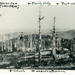 Iconic photograph taken by Edgar Dower on Ridge Road in 1913 from an area known as Point Clear on O'Halloran's LOT 4, Section 3 on Ridge Road. Point Clear that shows the buildings of early Mt Dandenong before the CRB road went through in the 1920s. Buildings can be seen across the centre of the photograph. Reverse of photograph has handwritten description by John Lundy-Clarke.: Front from top left: Namoora (Lumeah), Dower's Shop, First school, Talent's, Langford's house, School. Reverse: 1913 view from O'Halloran's LOT 4, Section 3 on Ridge Road. Showing Lumeah (Namoora) Farndons Road (fence) School, Lowes House?, Falls Road Shop (Dowers) Langford's Falls Road (LOT 9, Section 1) Shed on Colomb's LOT 19, Sect 2 Colomb's House (Fergusons) First school Campbell's Blythes Road Lil Badenhop's P.O. In middle distance - Talent's homestead and sheds.