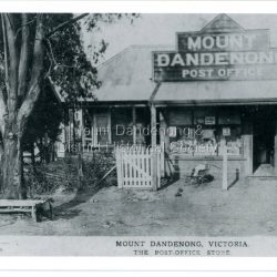 Mount Dandenong Post Office. Built by W. Dower on the small corner of Talent's?? Lot 17 cut off by the deviatio of the then main road i 1909. House and shop were built in 1912 and was staffed by Ruby and Ada dower. It became the post office in 1917 when Lil Badenhopsold er business following the death of her daughter Myrtle. Post Office was run by ?? till 1922, then by "blank". Was closed in 1926 when John Dunbar moved the present shop to its position. The house still stood in 1974.