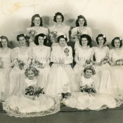 Photograph of Olinda Debutantes from Mendelssohn Studio c1948 labelled 'Proof Only'. 10 girls featured in posed photograph. The debutantes were presented to Sir George Knox. Back Row - Left to Right Joan Ebbels, Meilma Green (Biddy), Natalie Marks. Centre Row - Left to Right Norma Babidge, Joan Ryan, Alison Earney, Jessie Thompson, Margery Brann, Mavis Trevena, Merion Ebbels. Flower Girls - Left to Right Helen Ryan, Roberta Ebbels (Pidge).