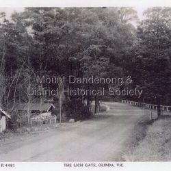 Copy of Rose Series postcard #4481: Copy of Rose Series postcard #4481. Mount Dandenong Road (Main Road) passing the picturesque Lich Gate on the left with Kenloch out of view on the right. c1940s