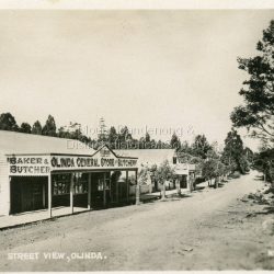 Number 1 in commercial series. Small photograph, number 1 in Olinda series, showing a view of the Main Street of Olinda late 1930s. V.J. Boulter's Olinda General Store with butcher and bakery in foreground. Road not yet made.