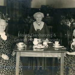 Page sisters sitting at table in Quamby Café in 1936. LHS - Aunt Ede 80. (Edith Page) Middle - Mother 83 (Sarah Martha Dorey) RHS - Aunt Pen 85. (Penelope Page): On back of photograph To Dear Lily with love from Mrs. S. M. Dorey. Aunt Ede 80 Mother 83 Aunt Pen 85 Taken 1936 Lilly Dingley