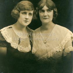 Studio portrait of sisters Blanch and Jessie Gill, friends of the Dorey family.: To dear Mrs Dorey with fond love Blanche & Jessie 1924. Gill's Very Dear friends of ours.