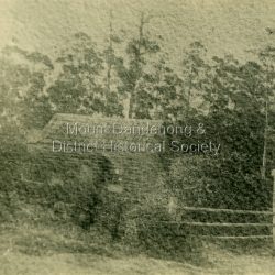 Hazy photograph of log cabin built and lived in by Jack Dodd and family 1923 -