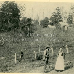 George Dodd and his daughter Jessie (Mrs Ebbels) standing on roadway outside their home at Olinda. The reverse of this photograph has a handwritten description by John Lundy-Clarke.: George Dodd and his daughter Jessie (Mrs Ebbels) before their home at Olinda the site of Alans (grandson of George) house of 1926 the nursery Rainbow Gully.