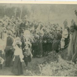 View of the crowd, both adults and children at the Olinda Sports carnival on Easter Monday 1909. The descriptive text on the reverse of this photograph was hand written by John Lundy-Clarke.: Easter Monday Sports Olinda 1909