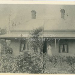 The Ebbels' home c1907 with Mrs Ebbels (nee Jessie Dodd) clearly visible at front. The portion of the house seen is said to have been built by George Woolrich and Ted Boulter.The descriptive text on the reverse of this photograph was hand written by John Lundy-Clarke.: The Ebbels home in 1907 with Mrs Ebbels nee Jessie Dodd. Front portion was added to original section built 1896. It was built by George Woolrich and Ted Boulter.