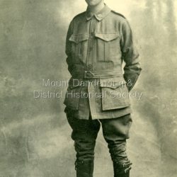 Studio portrait taken in 1917 of Andrew Park, son of George Park of Olinda in WW1 uniform. The descriptive text on the reverse of this photograph was hand written by John Lundy-Clarke.: Andrew Park 1917. Son of George. Olinda