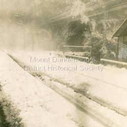 Heavy snowfall on the road outside Quamby Café in Olinda in 1921. Car and bus tyre tracks are clearly visible. The photo appears to be taken through glass.: Handwritten on back in blue pen: Snow 1921 Heavy snowfall on the road outside Quamby Café in Olinda in 1921. Car and bus tyre tracks are clearly visible. The photo appears to be taken through glass.: Handwritten on back in blue pen: Snow 1921