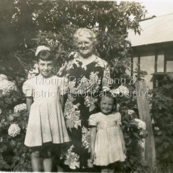 Older woman with two young girls posed in front of hydrangea bush outside the Quamby Café at Olinda c 1950s. Sennitt's Ice Cream sign visible upper RHS. Older woman with two young girls posed in front of hydrangea bush outside the Quamby Café at Olinda c 1950s. Sennitt's Ice Cream sign visible upper RHS.