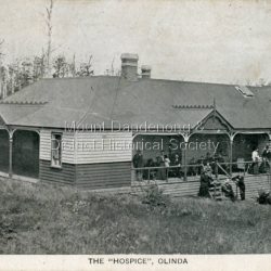 Postcard photograph of The Hospice Guest House at Olinda. The Hospice was built by Joseph Gutmann in 1904 and run by the Dorey family from 1908 - 1911. The Hospice catered for up to 60 guests.The Hospice was in the Main Street of Olinda. It burned down in 1924. This photograph would be early 1900s.