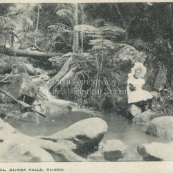 Young girl in a white pinafore and large, white hat sitting on a rock at the edge of Emerald Creek. Reverse of photograph has handwritten description by John Lundy-Clarke.: Emerald, Creek Emerald Creek with Jessie Wyles