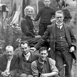 Group of six people taken at Sunnyside, country home of John and Roberta Roberts at South sassafras (now Kallista).
Front L to R: Robert Croll, C. Web Gilbert, Frank Roberts.
Back L to R: Mrs Roberta Roberts, Bert Roberts, J. G. Roberts.