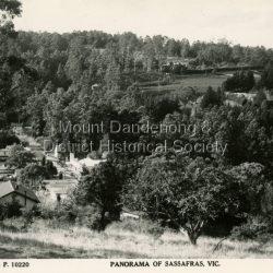 Panorama of Sassafras in the 1950s taken from Wallaby Avenue looking down onto the Sassafras Cabaret building. Rostrevor can be seen at centre top.: Black and white Rose Series postcard P. 10220 showing a view from high down the Main Street of Sassafras looking north towards Olinda.: On reverse POST CARD. A Real Photograph. Produced in Australia.