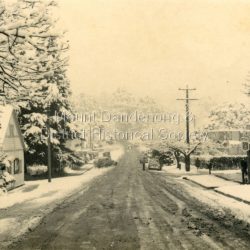 The Main Street of Sassafras c1952 showing Mechanics Institute at left under snow. Note the hedge around the area that is now the Village Green. At the time of the photo the land belonged to Eva Shugg where she ran holiday flats called St Annes. Eva Shugg sold her house to Max Dower to extend his nursery in the 1970s and built a new home around the corner on Mountain Highway. At this time she donated part of her remaining land to form a Village Green. Eva Shugg lived to the age of 106 and died in 2007.: Black and white photograph with serrated edge showing the Main Street of Sassafras under snow c1952. Mechanics' Institute is on LHS with cars parked outside the site of Sassafras House.: On reverse written in pencil 'Main Street, Sassafras"