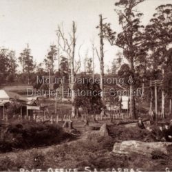 View of Hinkley Guest House on the left where the Post Office occupied a room in the front corner. The post operated from 1912 until 1937 when the building burned down. The Post Office then moved up to one of the Cadby Cottages near Rostrevor. The empty block of land next to Hinkley was where Sassafras School was built a few years later.: Black and white copy of GGM photograph showing a group of five well dressed men in the foregroundbehind a large log with the Post Office and Telegraph office on the left.: On front - POST OFFICE SASSAFRAS G.G.M.