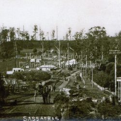 The south end of Sassafras Main Street outside the Big Store (Sherrards), built in 1912 that sold a bit of everything. The early settler Arthur Goode, who arrived in 1893, originally owned the land. Arthur Goode ran the Post Office in a bark hut until he moved away in 1911. From 1912 the Post Office operated from a room in Hinkley Guest House from 1912 until 1937.: Black and white copy of a GGM photograph of Sassafras. A man driving a horse and cart is coming up the road towards the camera while several couples can be seen strolling down the road. The early buildings of Sassafras are clearly visible.