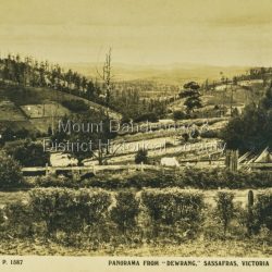 Dear Mum & Dad & all, This is a splendid view of Sassafras. We are having a very good time. Five of us walked to Mt. dandenong yesterday afternoon and I was very tired when we got back to the house. Thanks very much for sending my letter up to ?? We are coming home Friday morning & will arrive at Box Hill about one o'clock.