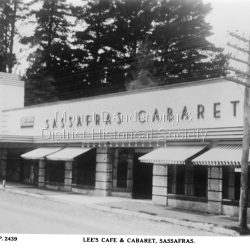 In the 1950s the Sassafras Cabaret - later The Hideaway - was a very popular restaurant, known particularly for their Friday and Saturday Dinner Dances. The restaurant precinct also contained lovely gardens, averies etc.
By 1993 the site housed an Antique Market. The building was completely destroyed by fire in 1993 blaze.