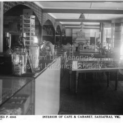 In the 1950s the Sassafras Cabaret - later The Hideaway - was a very popular restaurant, known particularly for their Friday and Saturday Dinner Dances. The restaurant precinct also contained lovely gardens, averies etc.
By 1993 the site housed an Antique Market. The building was completely destroyed by fire in 1993 blaze.
